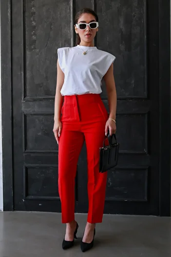 Madmext Red Front Piping High Waist Women's Trousers Mg2425