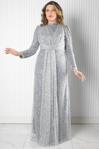 SUBU TASARIM Sequin Sequin Detailed Evening Dress Gray Tbsmda2526