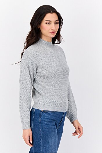 No Comment Women Ribbed Collar Knitted Sweaters, Grey