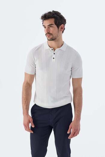 Jakamen White Slim Fit Patterned Polo Neck T-Shirt