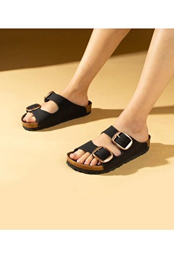 ZİESCE Black Nubuck - Gold Buckle, Double Banded Adjustable Daily Women's Slippers