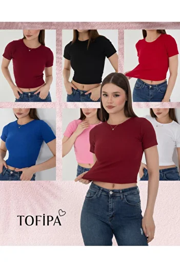 Wearflawless Women's 6 Pack Cotton Knitted Ribbed Crew Neck Camisole Short Sleeve Crop Blouse