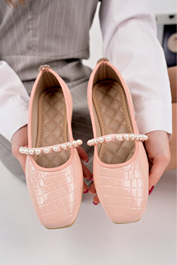 StWenn Crocodile Patterned Pearl Detailed Belted Ballerinas - Casual and Office Shoes Xenia-119