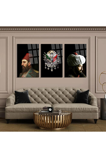 TAULART 3 LÜ OSMANLI TUĞRASI FATİH SULTAN MEHMET 2.ABDULHAMİD TABLO KIRILMAZ CAM TABLO ULTRA CANLI RENKLER