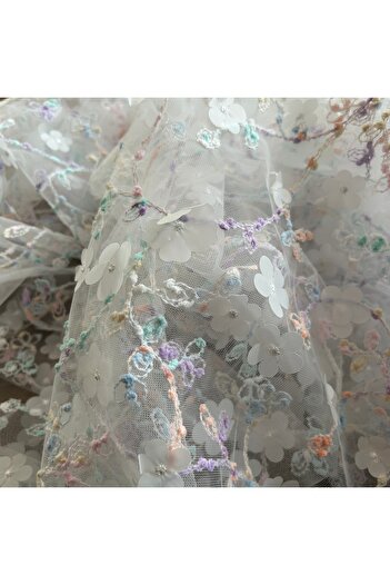 Doray Kumaş Polyester Tül Kumaş / Renkli Çiçek İşlemeli / DRY 2008