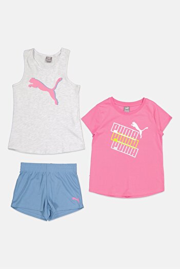 Puma Kids Girl 3 Pieces Sportswear Fit Short Sleeves T-shirt Vest And Mesh Shorts, Pink/Grey