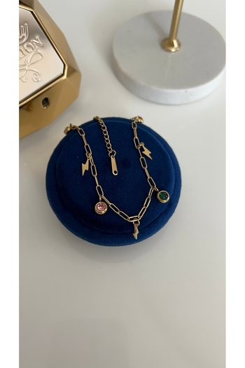 SU PERİSİ TAKI BİJUTERİ Steel Gold Colorful Zircon Stone and Lightning Detailed Anklet