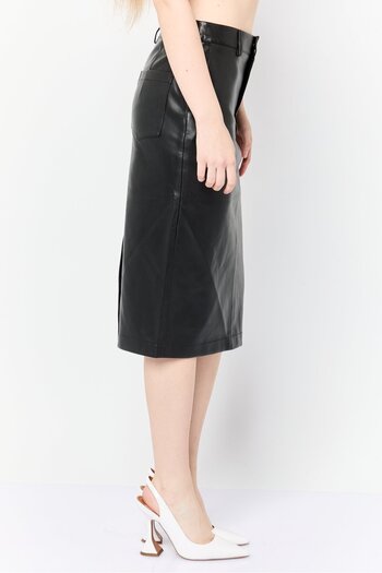 Esprit Women Plain Leather Midi Skirt, Black