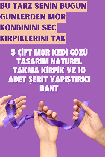 alaraycosmetics RENKLİ TAKMA KİRPİKLER 5 ÇİFT MOR CAT EYE'S ÇAPRAZ STİLLER +10 ADET YAPIŞTIRICI ŞERİT