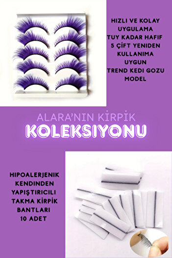 alaraycosmetics RENKLİ TAKMA KİRPİKLER 5 ÇİFT MOR CAT EYE'S ÇAPRAZ STİLLER +10 ADET YAPIŞTIRICI ŞERİT