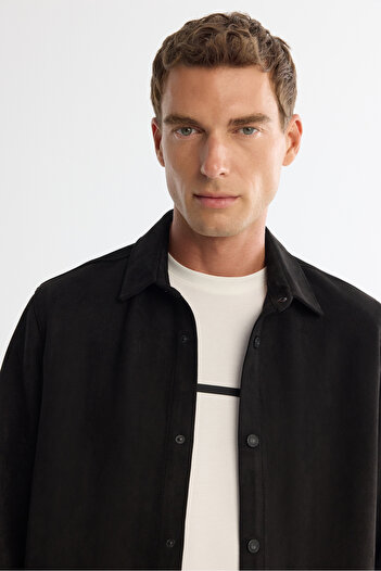 Avva Men's Black Classic Collar Snap Fastener Suede Leather Look Thin Coat A42Y6090