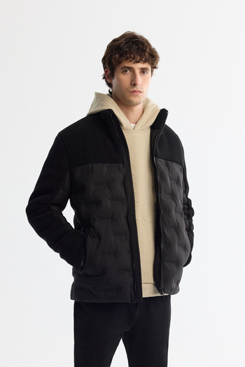 Avva Men's Black Stand Collar Water Repellent Windproof Fiber Inflatable Plush Coat A42Y6017