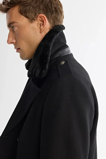 Avva Men's Black Double Breasted Closure Wool Collar Detachable Fur Coat A42Y6099
