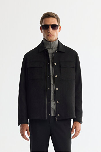 Avva Men's Black Classic Collar Front Zipper and Snap Closure Thin Coat A42Y6077