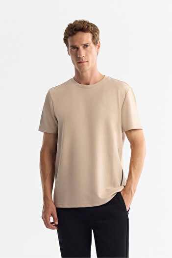 Avva Men's Beige Regular Fit Crew Neck Printed Elastane T-Shirt A42Y1017
