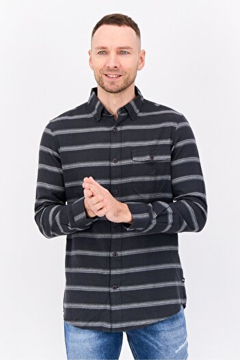 Nautica Men Classic Fit Stripe Print Long Sleeve Casual Shirts, Dark Grey