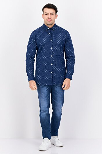 Nautica Men Slim Fit Allover Print Long Sleeve Casual Shirt, Navy