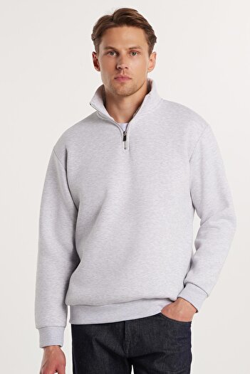 Tudors Unisex Relax Fit Relaxed Cut Cotton Fleece Inside Half Zipper Gray Stand Collar Sweatshirt