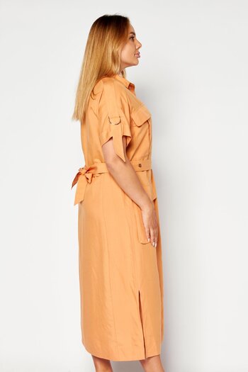 Esprit Women Plain Belted Midi Dress, Orange
