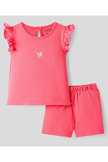 Bonfino Bonfino 100% Cotton Knit Frill Sleeves T-Shirt & Shorts Set with Crab Embroidery - Red