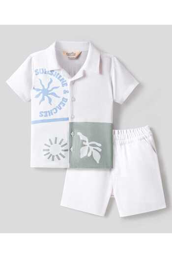 Bonfino Bonfino Oversized Shirt & Short Set with a Resort Placement Print - White