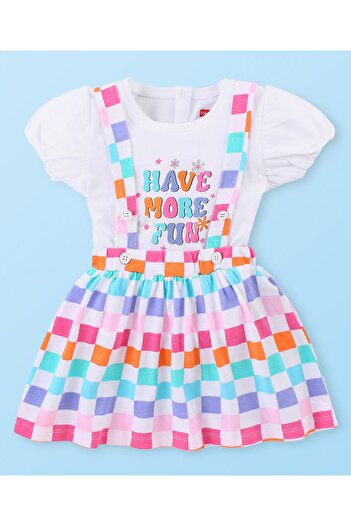 Babyhug Babyhug Text Printed Top & Checkered Skirt With Suspender - Multicolor