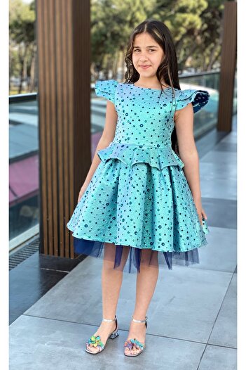 HÇ Hülya Çelik KİDSWEAR 2018 Kız Çocuk Bayramlık Doğum Günü Mezuniyet Abiye Turkuaz Elbise
