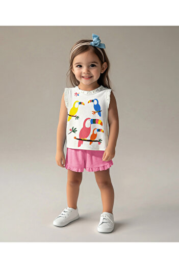 Bonfino Bonfino Cotton Knit Sleeveless Bird Printed Tank Top & Shorts Set with Frill Detailing - Ivory/Pink