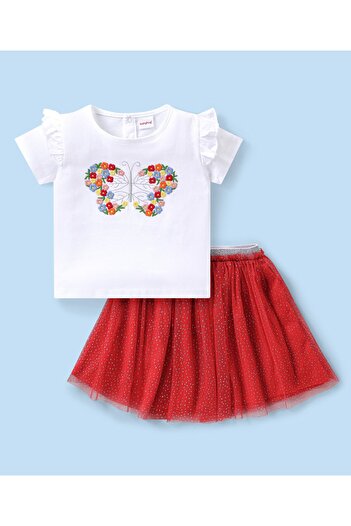 Babyhug Babyhug Frill Sleeves Top with Butterfly Embroidered Skirt - White & Red