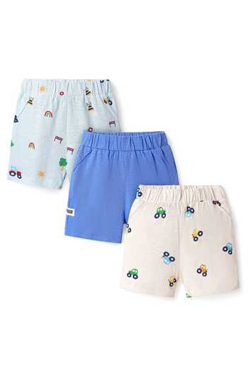 Bonfino Bonfino 100% Cotton Knit Above Knee Length Vehicle Printed Shorts Pack of 3 - White & Blue