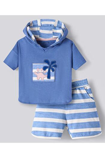 Bonfino Bonfino Hooded T-Shirt & Shorts Set with Striped & Chest Beach Theme Patch - Blue