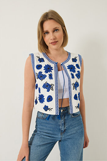 Bianco Lucci Women's Embroidered Binding Detailed Linen Vest 290 60283214