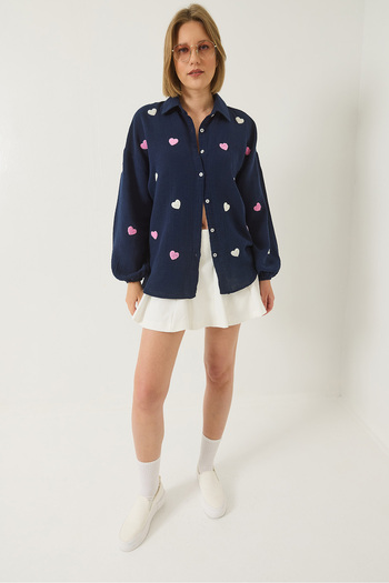 Bianco Lucci Women's Süzene Heart Embroidered Oversize Muslin Shirt 2036 60283052