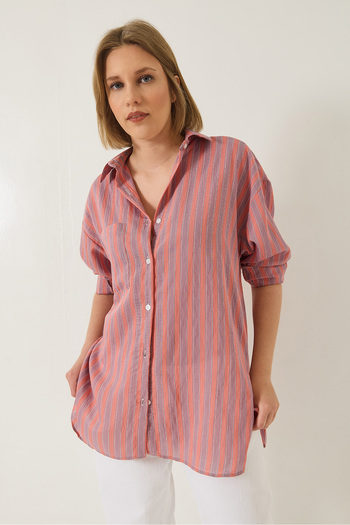 Bianco Lucci Women's Single Pocket Detailed Striped Oversize Shirt 8368 60283103