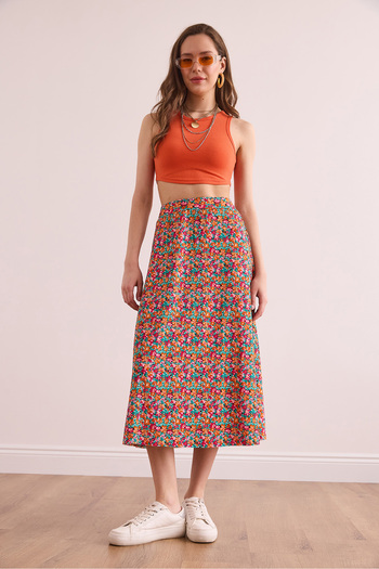 Olalook Women's Multicolored Elastic Waist Patterned Long Skirt Etk- 19000259
