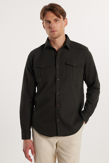 Tudors Men's Slim Fit Slim Fit Long Sleeve Denim Jeans Wash Double Pocket Khaki Sports Lapel Shirt