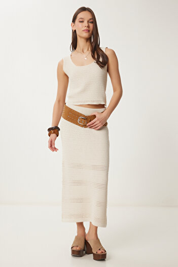 Happiness İstanbul Durchbrochene Sommer-Strickblusen-Set für Damen in Creme NF00084