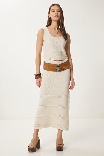 Happiness İstanbul Durchbrochene Sommer-Strickblusen-Set für Damen in Creme NF00084