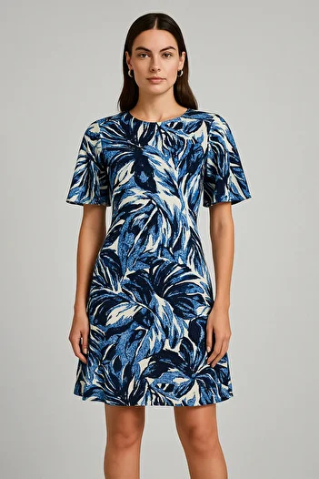 Trendyol Collection Μπλε Τροπικό Floral Μίνι υφασμένο φόρεμα βισκόζης σε γραμμή Α TWOSS24EL00632