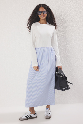 Trendyol Modest Blue Striped Woven Fabric Skirted Single Jersey Knitted Dress Tctss25Eb00146