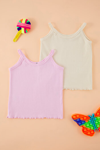 TRENDYOLKIDS Stone-Pink 2'Li Girl's Undershirt, Cotton and Ribbed Knitted Tkdss25Al00012
