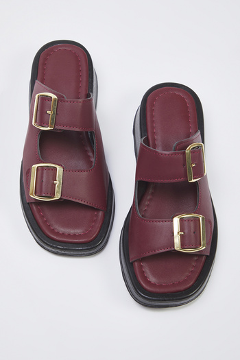 TRENDYOL SHOES Papuci de damă cu talpă groasă, cu cataramă cu bandă dublă, burgundă TAKSS25TE00044