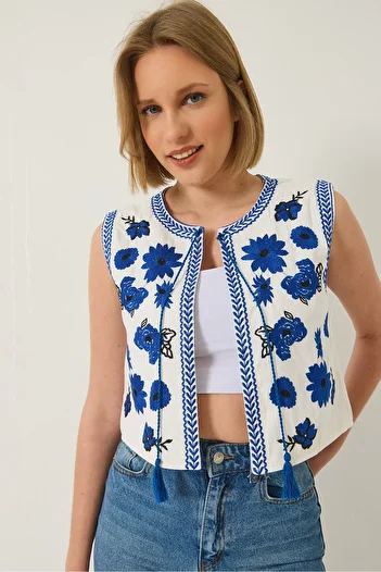 Bianco Lucci Women's Embroidered Binding Detailed Linen Vest 290 60283214