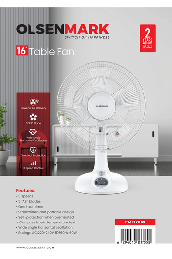 Olsenmark 16" Table Fan 60w Powerful Motor 3 Speed Setting Omf1700