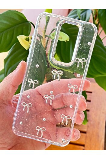 Fibaks Xiaomi Redmi Note 8 Pro Case Bow Pattern Transparent Glitter Silver Camera Protruding Glossy Cover