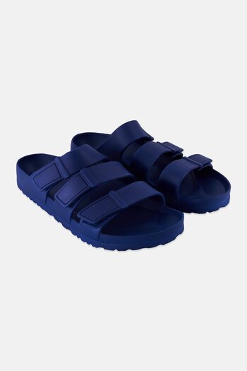 Sun Stone Men Bowie Three Velcro Strap Slide Sandals, Navy
