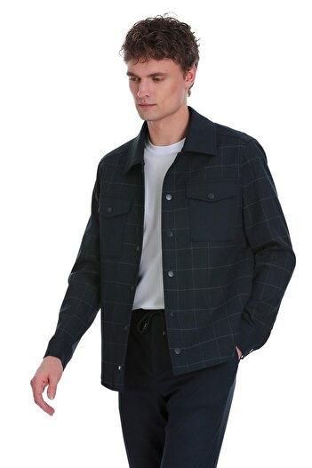 Hatemoğlu Lacivert Slim Fit Kareli Mono Yaka Overshirt Takım