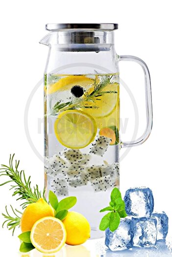 Tilbe Home Borosilikat Cam Sürahi 1800ml Isıya Dayanıklı Metal Kapaklı Filtreli Başucu Meşrubat Su Sürahisi