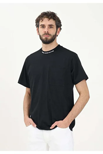 Versace Men's Round Neck Short Sleeve Collar Logo Detailed Black T-Shirt 78Gahe03Cj00E-899