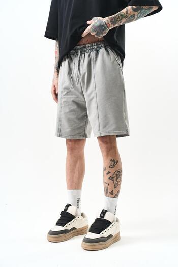 Respire Men's Front Embroidery Detailed Elastic Waist Shorts Gray Melange